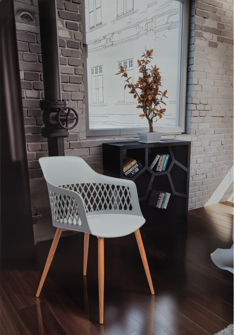 Grey Aqua cafe armchair with open lattice back and wooden finish legs
