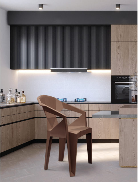 Alt text: HEXA.PNG	Brown Hexa stackable cafe chair with arms in a modern kitchen