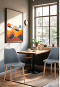 Alt text: I CLASSIC.PNG	Grey I Classic cushioned cafe chairs with wooden finish legs at a cafe table