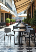 Alt text: UNO.PNG	Uno XR slatted cafe armchairs on a cafe terrace